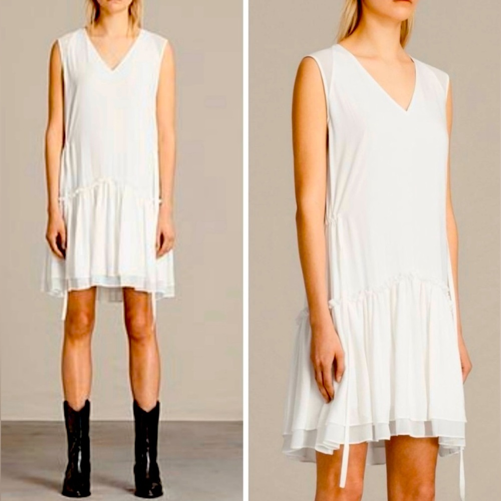 ALLSAINTS * Flowy Drop-waist Mini * Sheer panel at double-flounce ruffled hem M